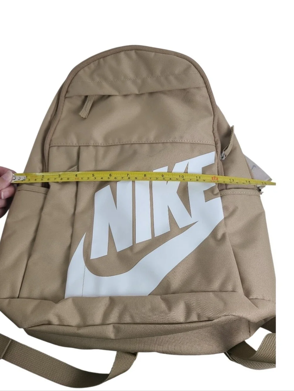 NWT NIKE Mulriple Zip Compartment Pockets Backpack Tan Beige with White Logo